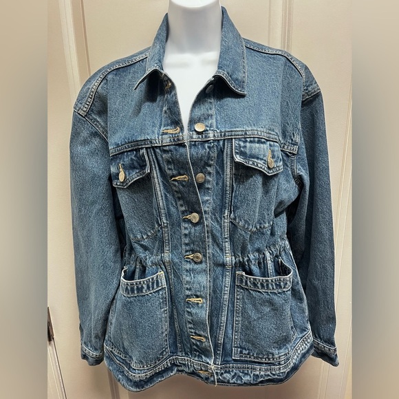 GAP women’s long oversize cinched waist denim jean jacket large NWT - Picture 2 of 11
